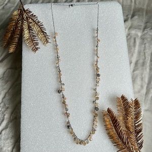 LOFT Necklace long silver chain dripping with peach and grey faceted crystals